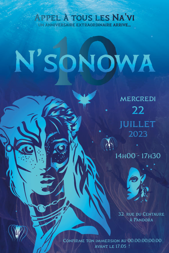 Image de l'invitation anniversaire personnalisée inspirée de l’univers de Pandora, avec silhouette de Na’vi, décor bleu lumineux et ambiance mystérieuse sous-marine.