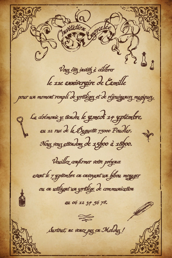 image du recto de  l'invitation anniversaire style vieux parchemin personnalisée – cérémonie ensorcelée d’anniversaire . "Vous êtes invités à célébrer le 11e anniversaire de Camille pour un moment rempli de sortilèges et de réjouissances magiques. La cérémonie se tiendra le Samedi au ***. Nous vous attendons de 15h à 18h. Veuillez confirmer votre présence avant le  *** en envoyant un hibou mesager ou en utilisant un sortilège de communication. Surtout, ne venez pas en Moldus !"