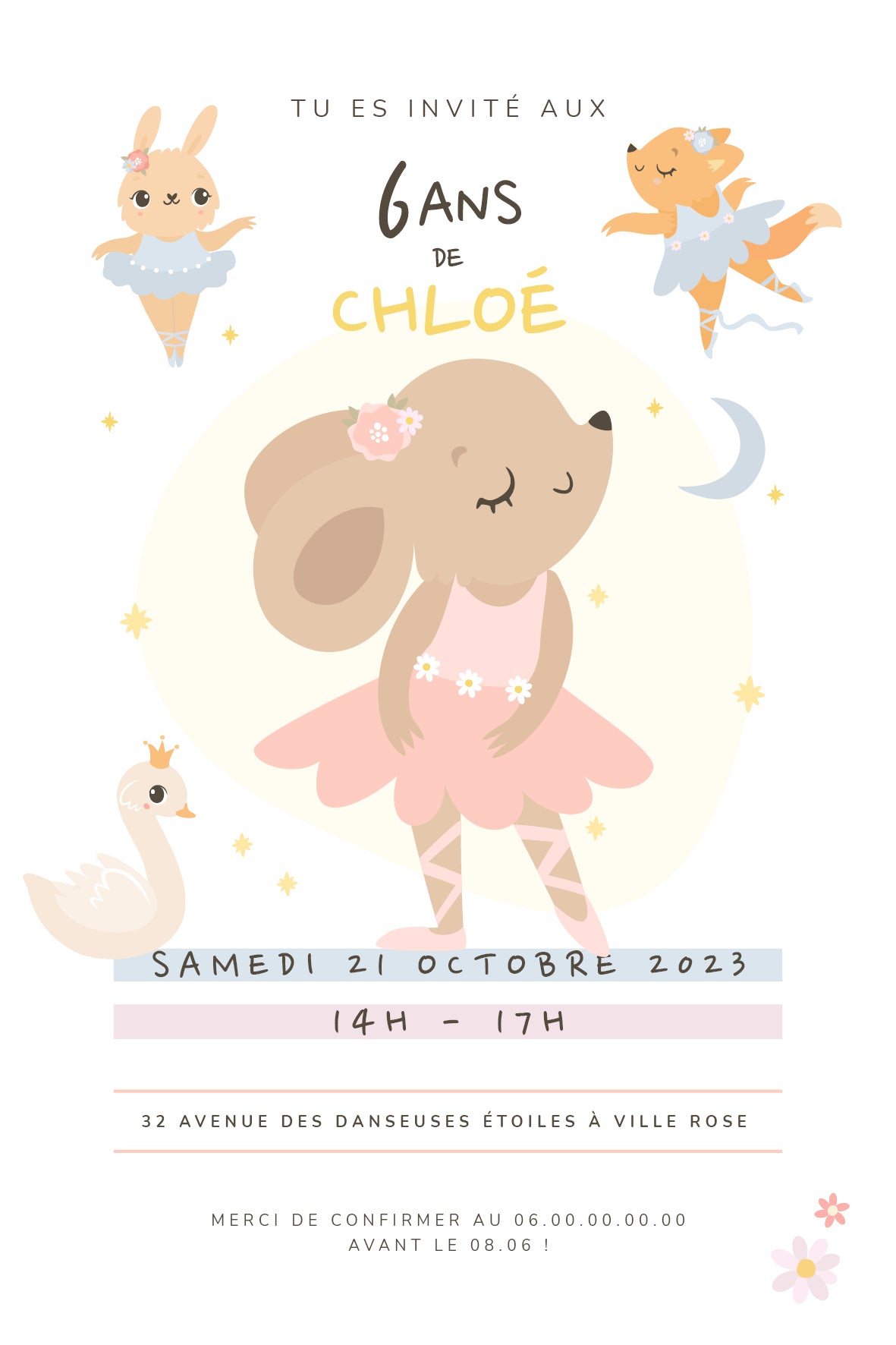 image de l'invitation anniversaire personnalisée thème ballerine – illustration tendre avec une petite souris en tutu rose, cygne couronné et décor étoilé, ambiance danse et féérie.