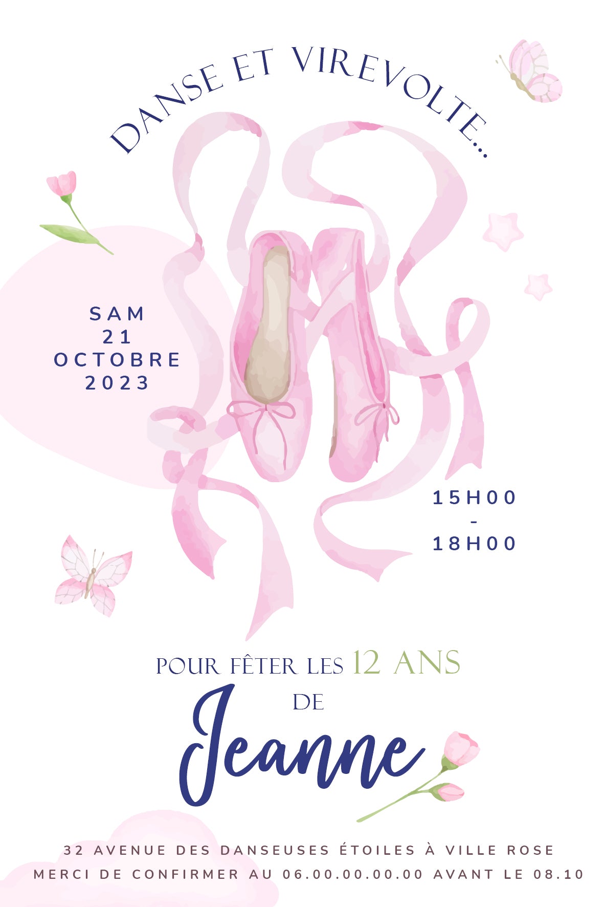 image de l'invitation anniversaire Ballerine recto verso, décor pastel avec chaussons de danse rose, rubans, papillon et fleurs.