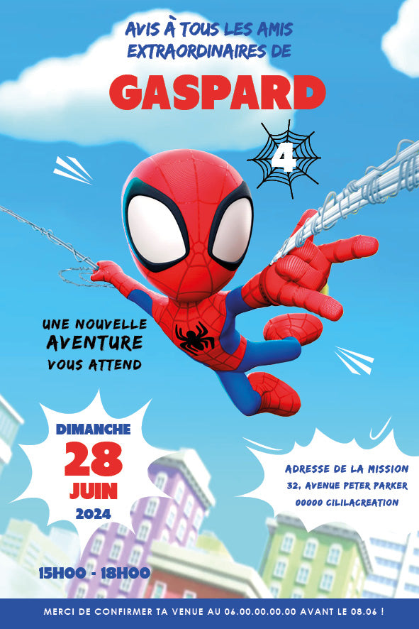 Image de l'invitation anniversaire personnalisée inspirée de Spidey et ses amis extraordinaires, avec Spidey en costume rouge et bleu lançant une toile au-dessus des immeubles d’une ville colorée.