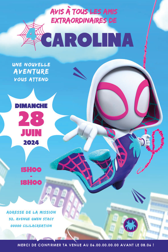 Image de l'invitation anniversaire personnalisée inspirée de Spidey et ses amis extraordinaires, avec Ghost-Spider en costume blanc, rose et violet, bondissant dans le ciel au-dessus des immeubles.