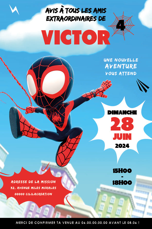 Image de l'invitation anniversaire personnalisée inspirée de Spidey et ses amis extraordinaires, avec Spin en costume noir et rouge bondissant dans la ville, style enfantin et coloré.