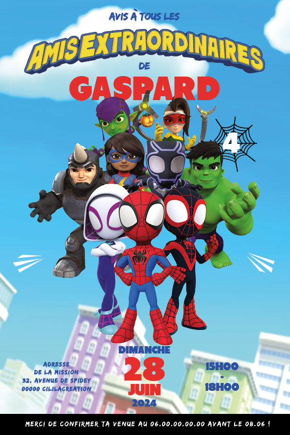 Image de l'invitation anniversaire personnalisée inspirée de Spidey et ses amis extraordinaires, avec Spidey, Ghost-Spider, Spin, Hulk, Miss Marvel et Black Panther entourés de super-vilains comme Rhino, Green Goblin et Doc Ock, sur fond de ville colorée.