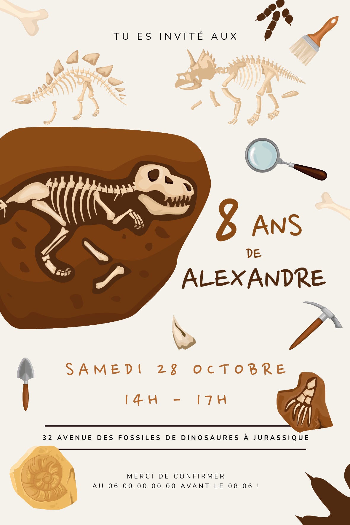 Image de l'invitation anniversaire personnalisée sur le thème des fossiles et dinosaures, avec squelettes préhistoriques, ossements, outils d’archéologue et gros fossile en vedette.