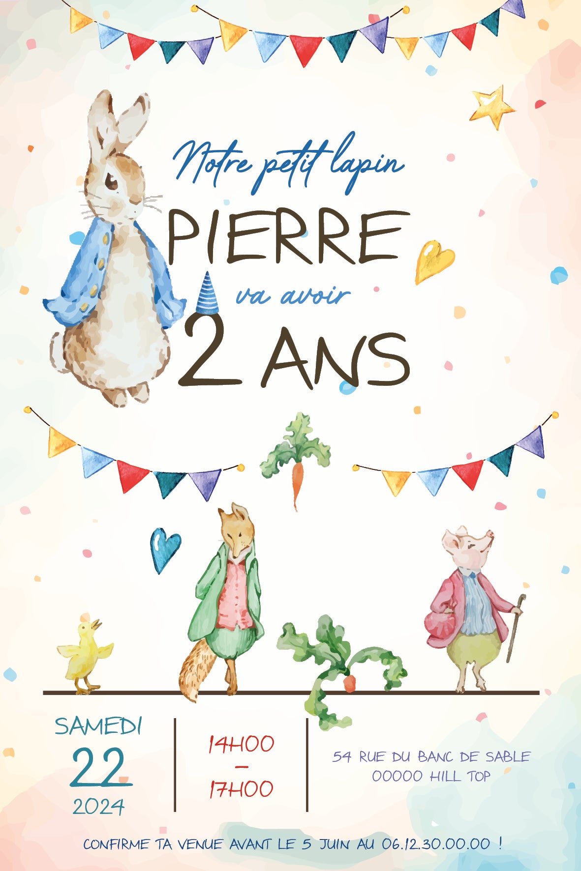 Image de l'invitation anniversaire personnalisée Le petit lapin (Pierre Lapin), décor pastel avec lapin en veste bleue, fanions colorés.