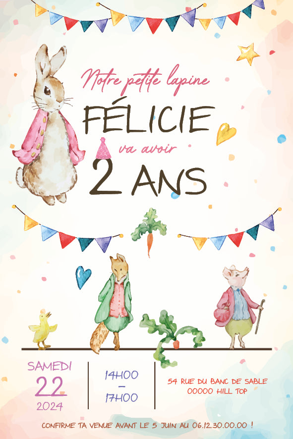 Image de l'invitation anniversaire personnalisée La petite lapine (Pierre Lapin), décor pastel avec lapine en robe rose, fanions colorés.