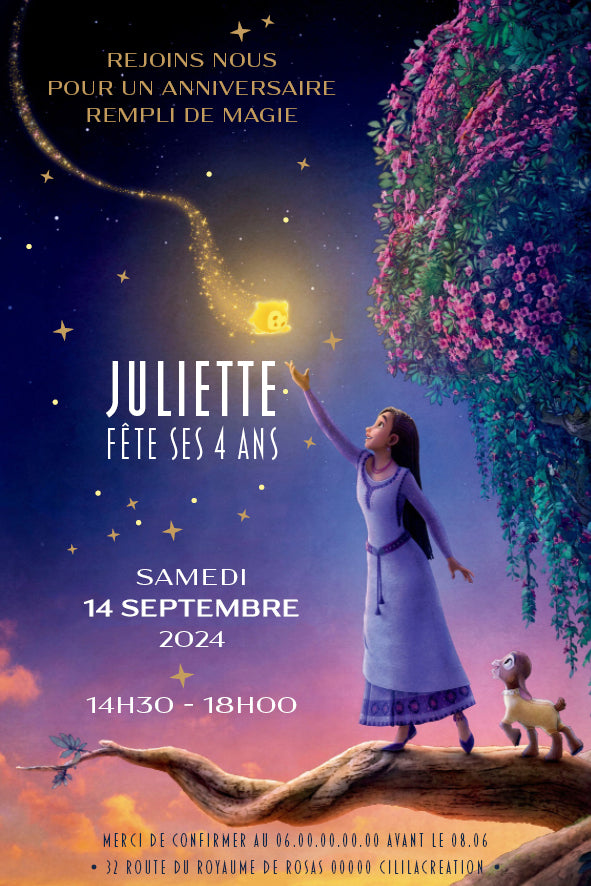 image de l'invitation anniversaire inspirée de Wish : Asha et la Bonne Étoile – Asha lève la main vers une étoile brillante, aux côtés d’un petit animal, sous un grand arbre fleuri.