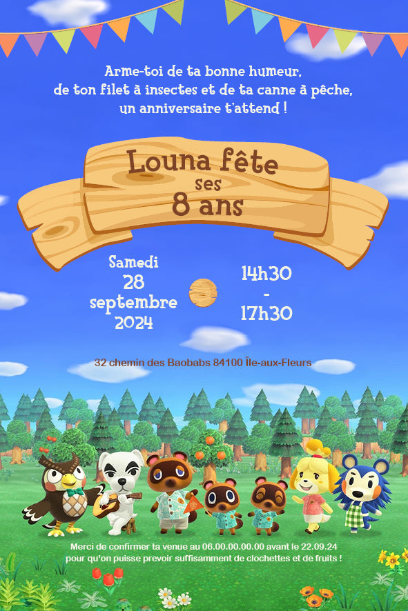 Image de l'invitation anniversaire personnalisée inspirée de Animal Crossing, avec personnages colorés, banderoles, ciel bleu et décor champêtre d’une île enchantée.
