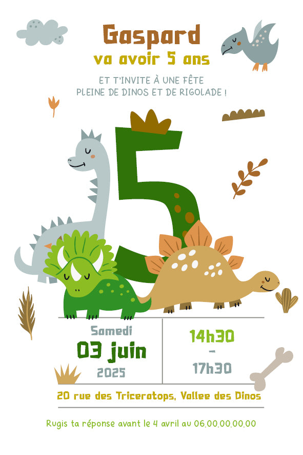 image de l'invitation anniversaire enfant sur le thème des dinosaures, avec un grand chiffre vert  avec l'âge de l'enfant et des petits dinosaures rigolos et colorés, idéale pour une fête préhistorique.