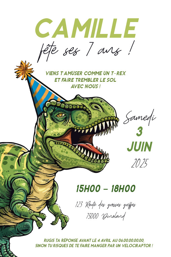 Image de l'Invitation anniversaire dinosaure avec T-Rex vert portant un chapeau de fête rayé, style coloré et amusant sur fond blanc.