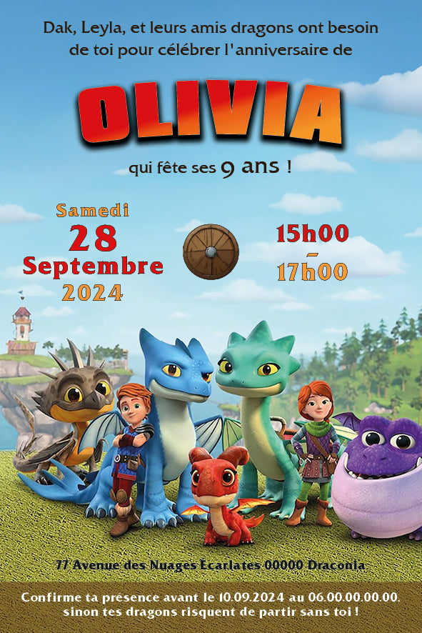 image de l'invitation anniversaire personnalisée thème Aventure des Dragons avec enfants et dragons colorés dans un univers viking et fantastique, fête magique et héroïque.