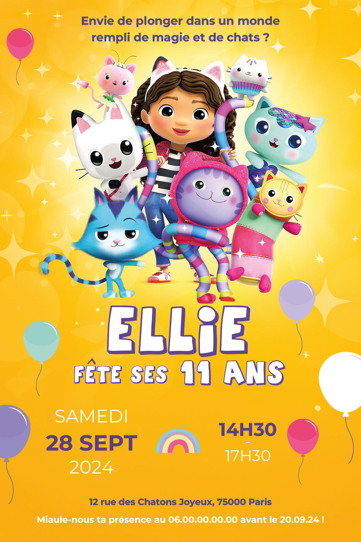 image de l'invitation anniversaire inspirée de Gabby et la Maison magique avec fillette aux oreilles de chat et ses compagnons félins colorés sur fond jaune festif.