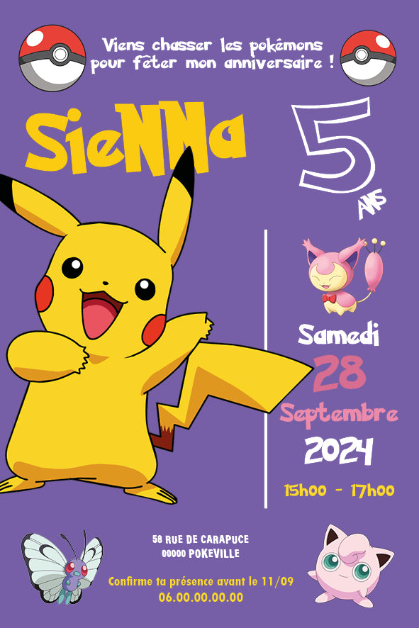 image de l'invitation anniversaire personnalisée Pokémon girly – Pikachu et ses amis, fond violet, version fille, disponible en numérique ou imprimée premium avec enveloppe kraft.