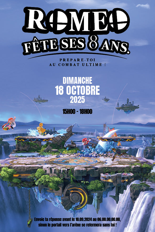 Image de l'Invitation anniversaire personnalisée sur le thème d’un jeu vidéo de combat, avec arène flottante et personnages colorés en action, style inspiré de Super Smash Bros.