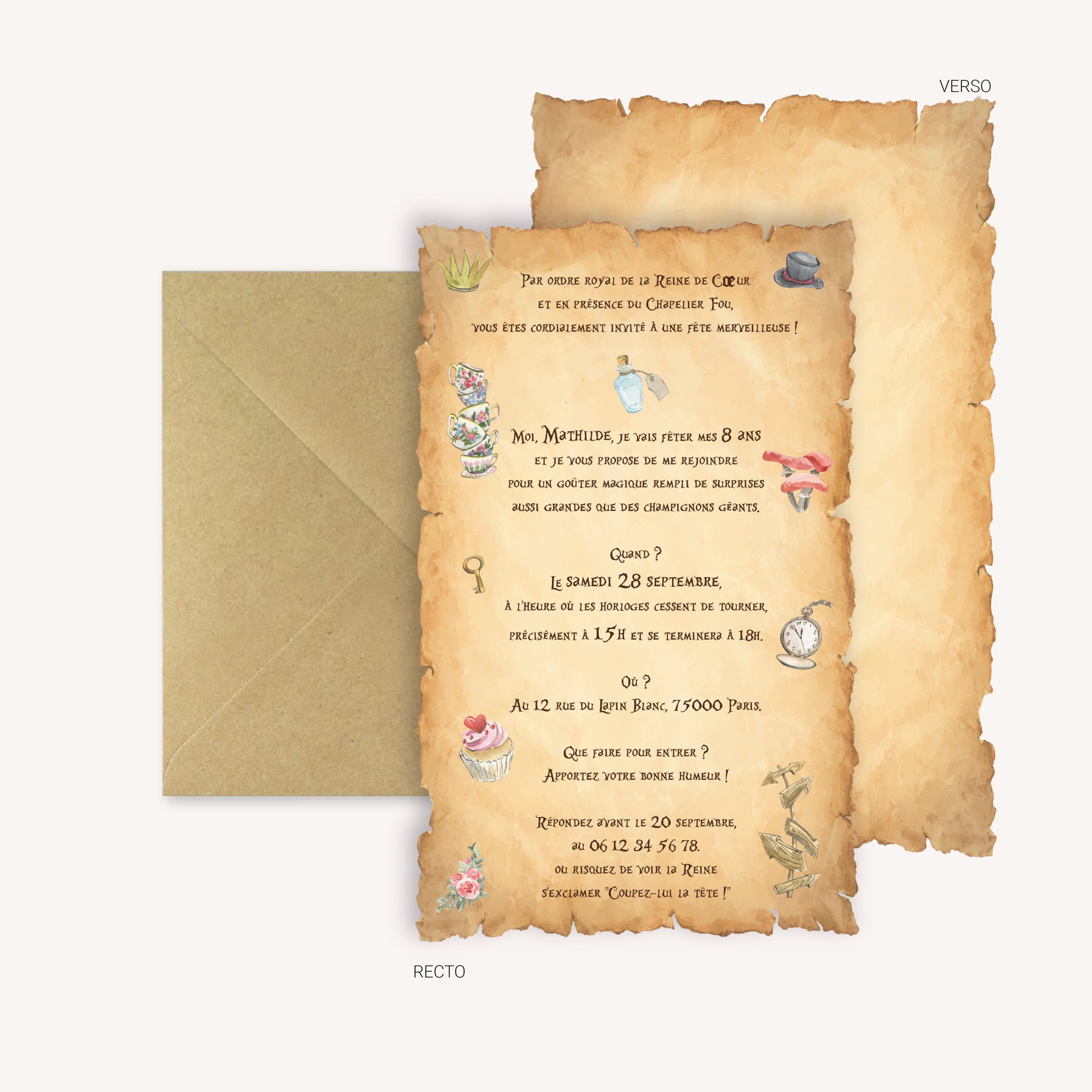 image de l'invitation anniversaire Alice au pays des merveilles sur parchemin – carte personnalisée recto-verso avec détails féériques et découpe façon vieux parchemin.