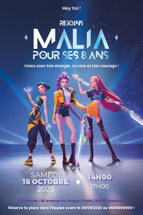 image de l'invitation anniversaire personnalisée inspirée de Huntrix, groupe K-Pop Chasseuses de Démons, avec trois héroïnes futuristes en costumes colorés et fond spatial violet.