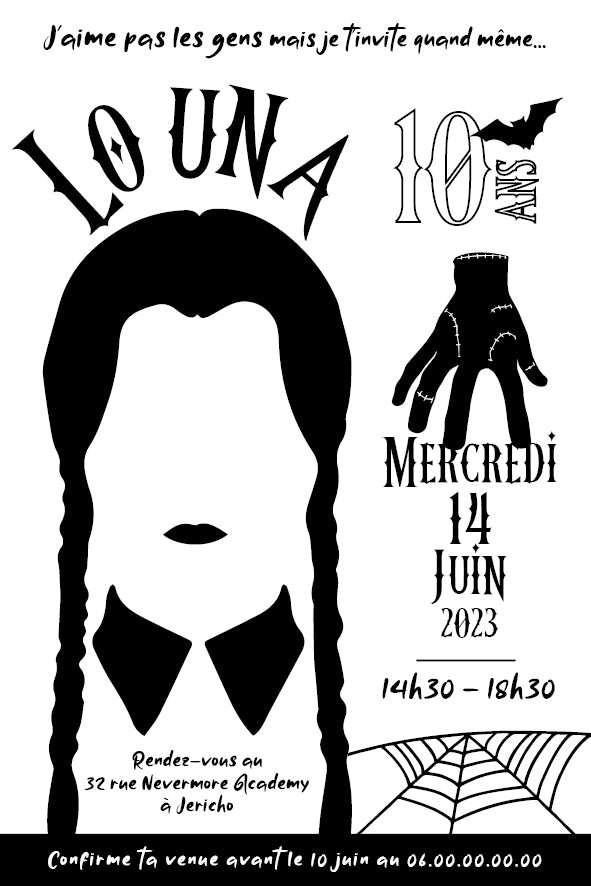 image invitation anniversaire Mercredi Addams personnalisée numérique à imprimer