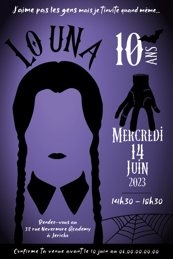 image invitation anniversaire Mercredi Addams personnalisée numérique à imprimer.