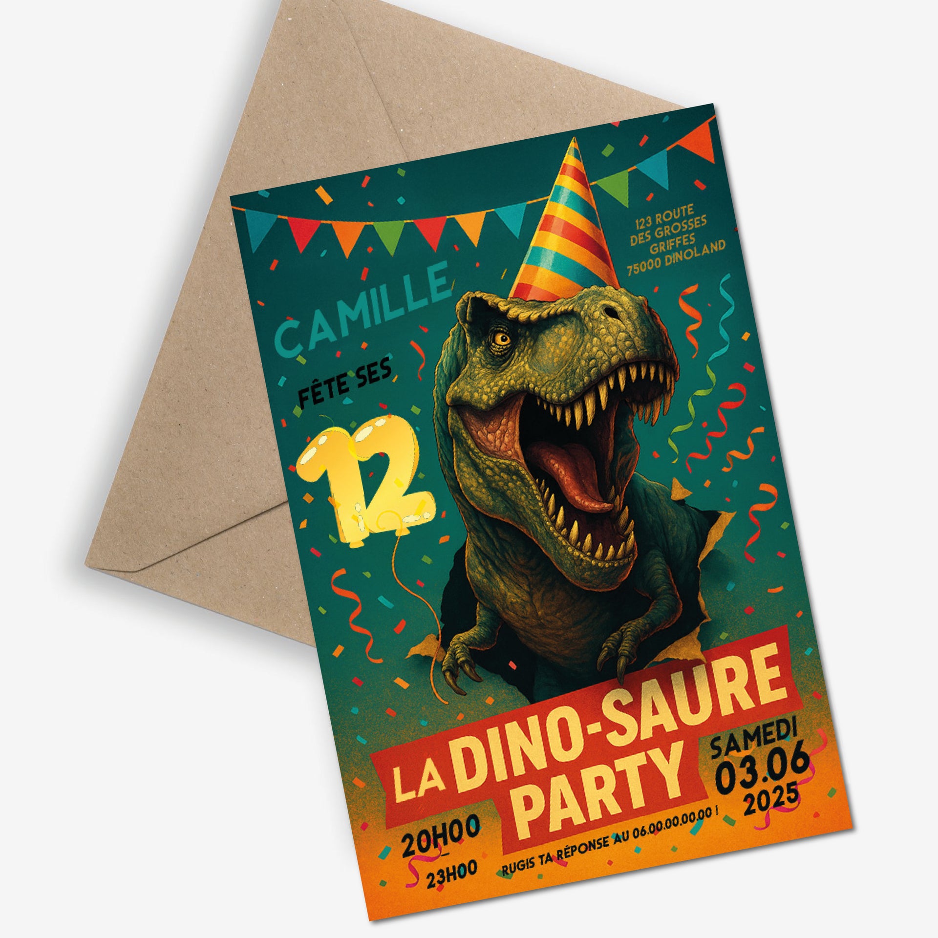 Image de l'Invitation anniversaire festive avec dinosaure T-Rex portant un chapeau de fête, confettis et couleurs vives.