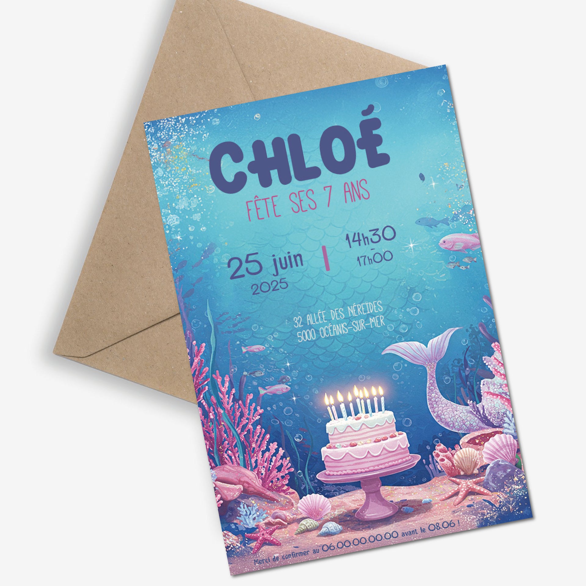 Image de l'Invitation anniversaire personnalisée Sirène Party, avec fond marin bleu scintillant, coraux roses, coquillages, queue de sirène et gâteau d’anniversaire rose.