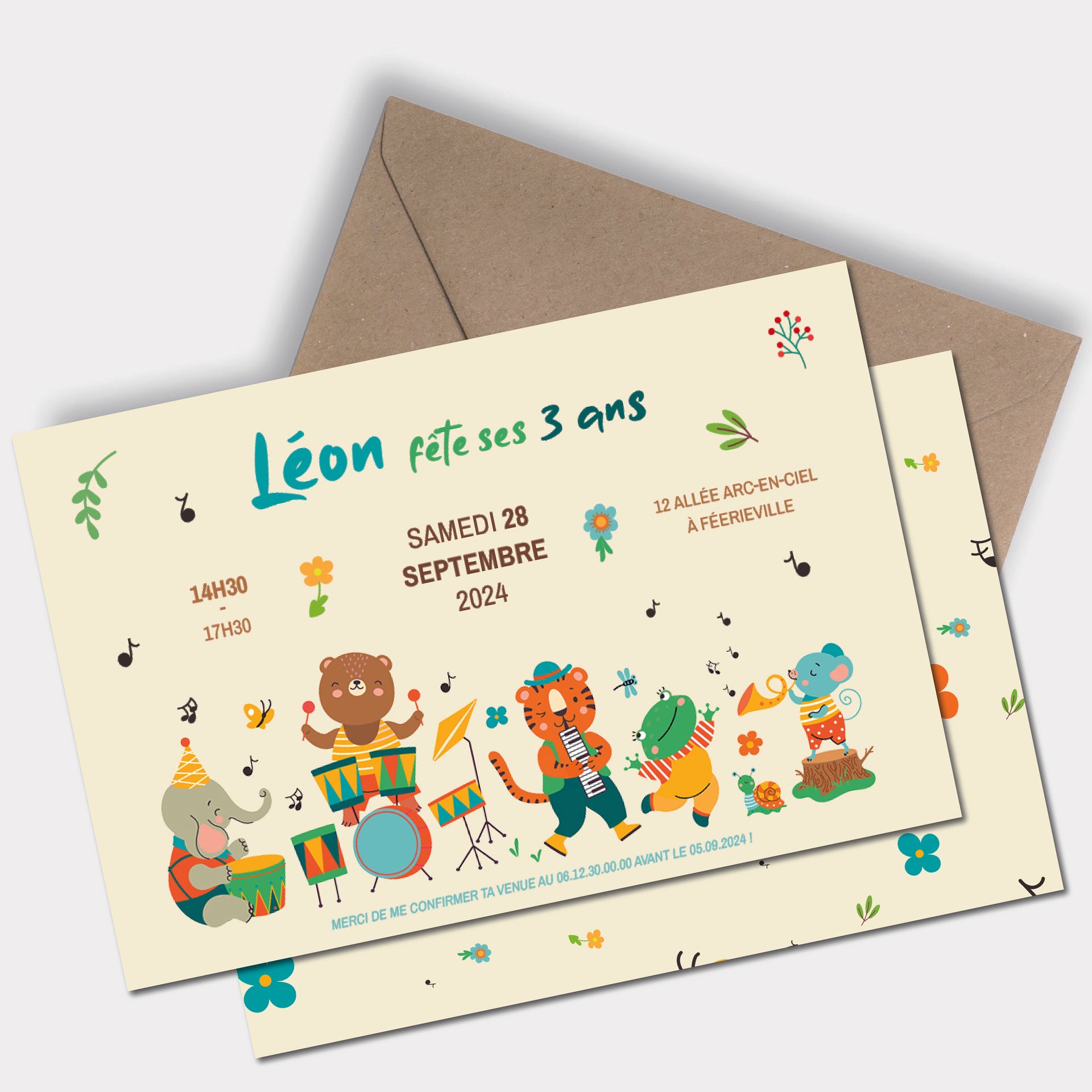 image de l'Invitation anniversaire La Symphonie des Animaux – carte personnalisée avec animaux musiciens jouant des instruments, modèle festif pour enfants.