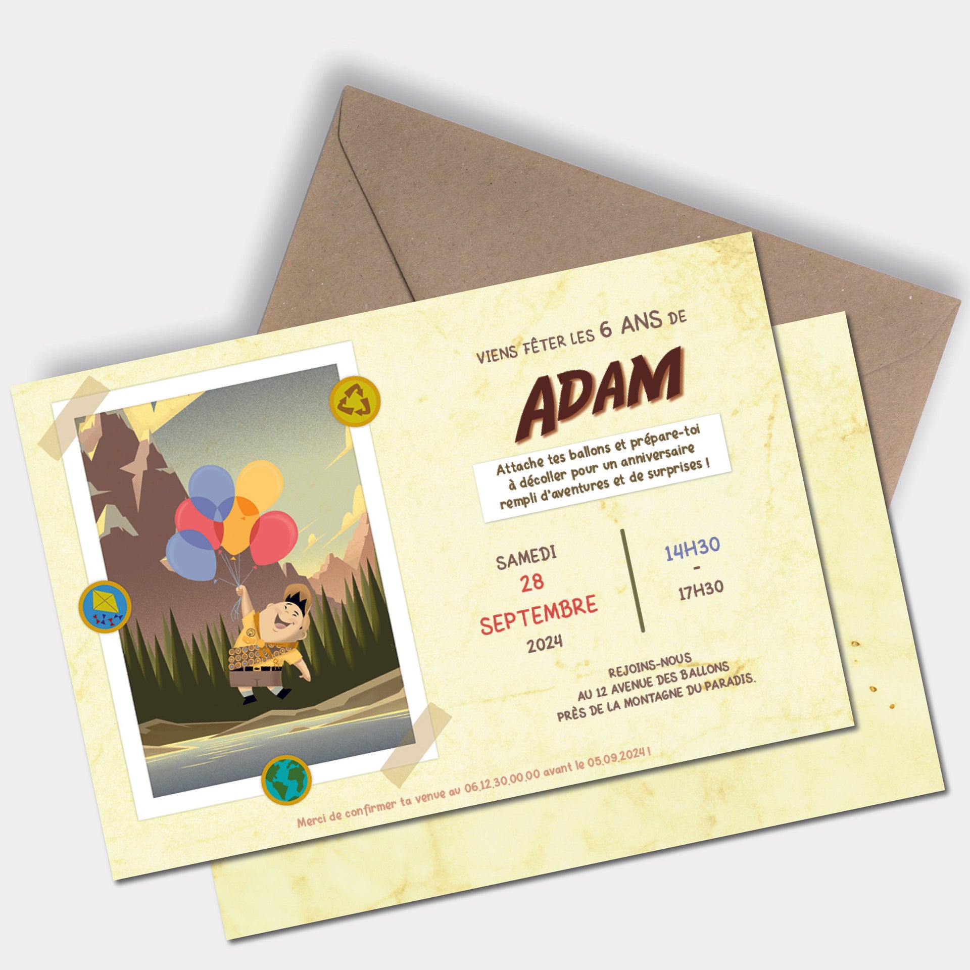 image de l'Invitation anniversaire personnalisée Aventure en Ballons, inspirée du film Là-haut (Pixar), avec maison envolée par des ballons colorés et un petit explorateur enfant.