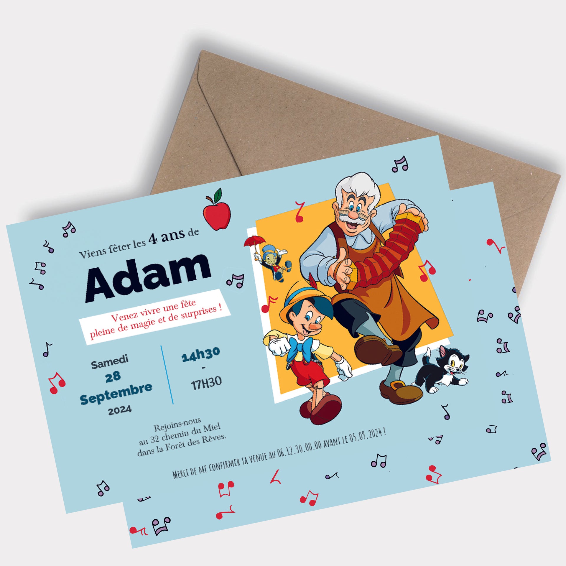 image de l'Invitation anniversaire personnalisée Petit Pantin recto-verso, avec pantin et créateur qui dansent et jouent de la musique, ambiance festive et colorée.