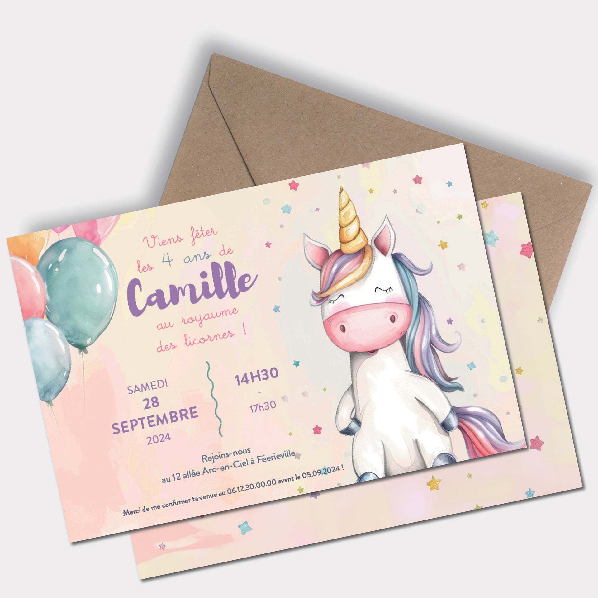 image de l'Invitation anniversaire personnalisée Rêve de Licorne recto-verso, avec une licorne pastel, ballons colorés et décor d’étoiles féeriques.