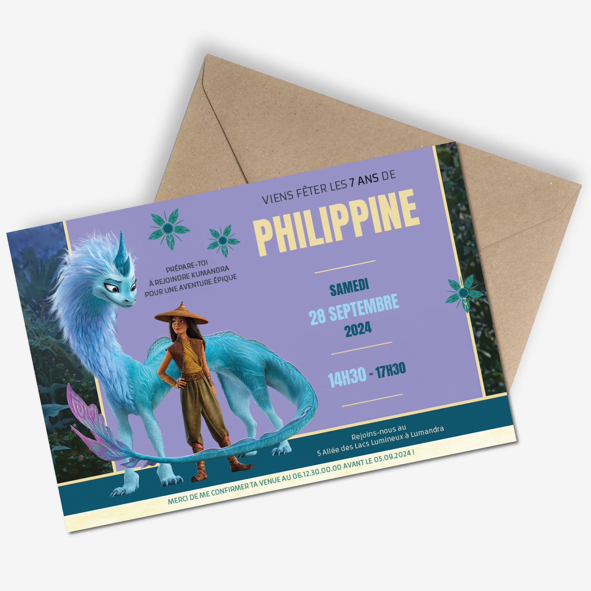 Image de l'Invitation anniversaire personnalisée inspirée de Raya et le Dernier Dragon – carte enfant recto avec Raya et Sisu le dragon, décor Kumandra magique.