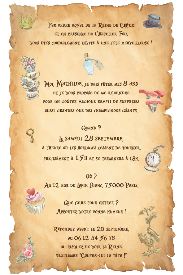 image du recto de l'invitation anniversaire Alice au pays des merveilles sur parchemin avec détails féériques et découpe façon vieux parchemin.