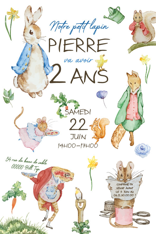 image de l'invitation anniversaire personnalisée Pierre & ses amis (Pierre Lapin), recto verso, décor champêtre avec lapins et potager.