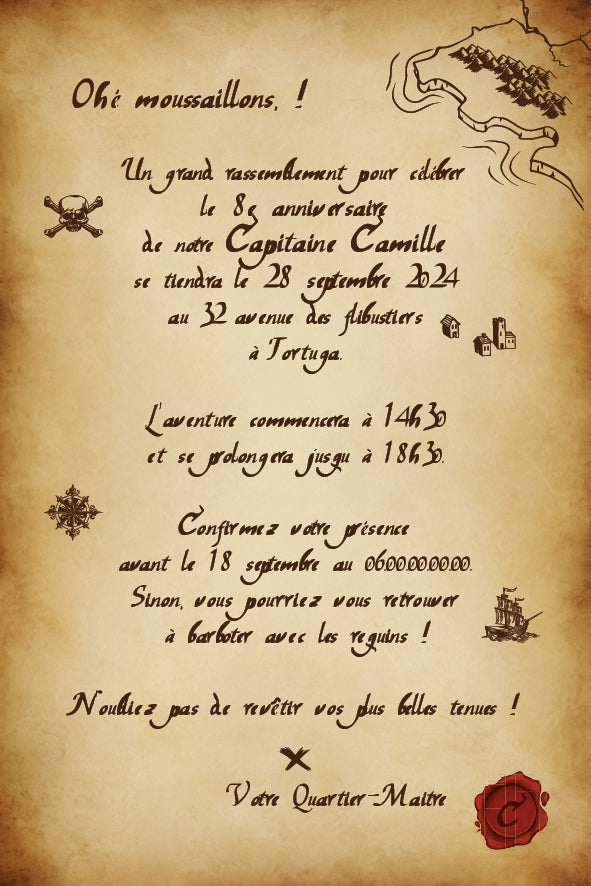 image du recto de l'invitation anniversaire personnalisée style vieux parchemin recto-verso – thème pirates, rassemblement de flibustiers.