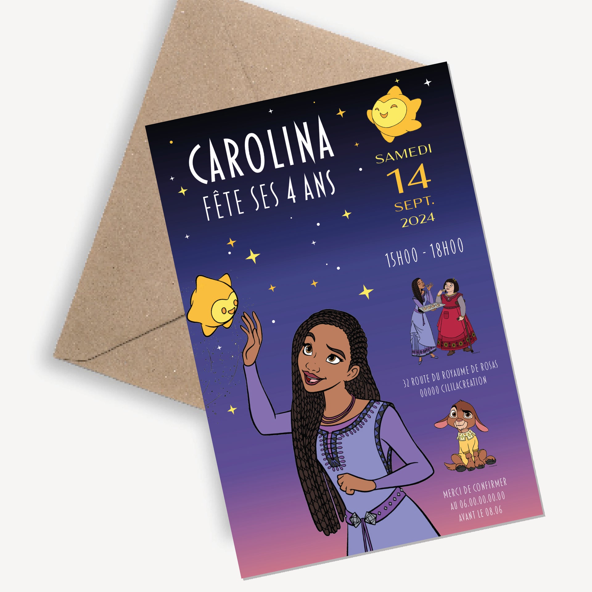 image de l'invitation anniversaire inspirée de Wish : Asha et la Bonne Étoile – carte recto personnalisée avec héroïne Asha, étoile magique et ciel étoilé violet.