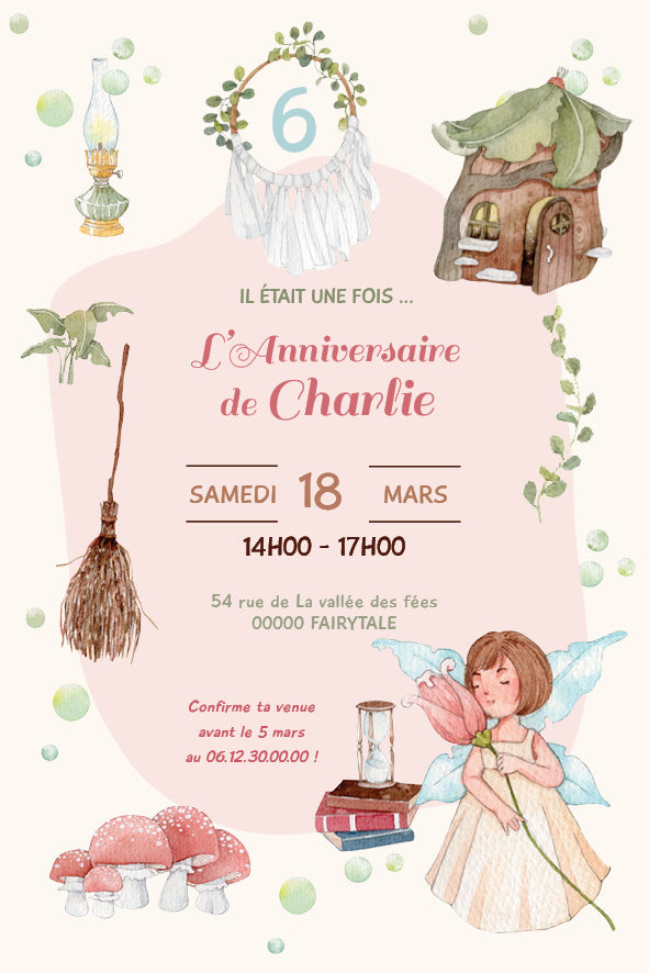 Carte d’invitation aquarelle esprit conte de fées/cottagecore : petite fée assise avec ailes pastel, maison de lutin, attrape-rêves, balai, lanterne, sablier, livres, feuilles et champignons. Texte central : “Il était une fois… L’anniversaire de Charlie — samedi 18 mars, 14 h–17 h — adresse et RSVP indiqués”.