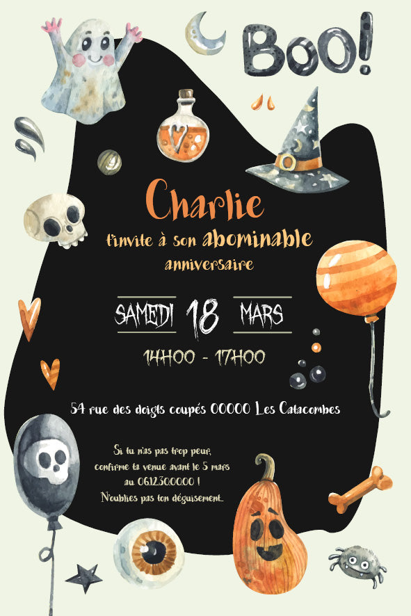 Invitation d’anniversaire Halloween en aquarelle : fantôme, chapeau de sorcière, fioles de potion, crâne, citrouille, ballons orange et noir, lune et étoiles — “Charlie t’invite à son abominable anniversaire – samedi 18 mars, 14 h–17 h – adresse et RSVP”.