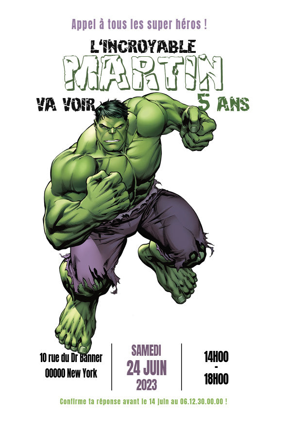 image du recto de l'Invitation anniversaire inspirée de Hulk, carte personnalisée super-héros vert et violet, design recto-verso style comics.