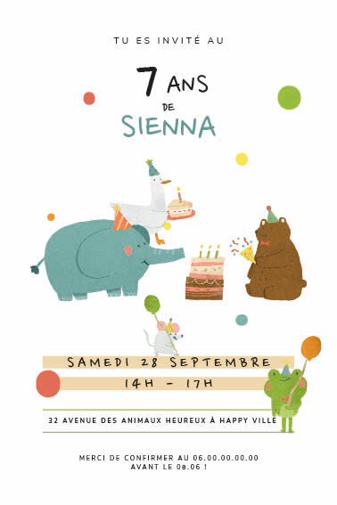 Invitation d’anniversaire numérique “La fête des animaux” : éléphant, ours, oie et grenouille portent un gâteau, ballons et confettis — texte personnalisable (âge, date, heure, lieu, RSVP). Fond Blanc.