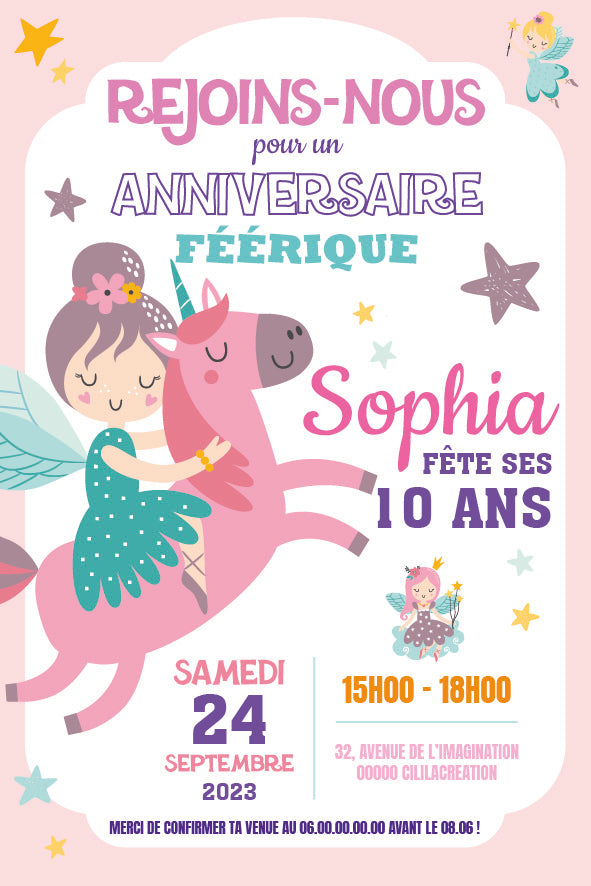 Image de l'invitation anniversaire féérique personnalisée avec illustration d’une etite fée chevauchant une licorne rose, accompagnée de décorations étoilées et colorées.
