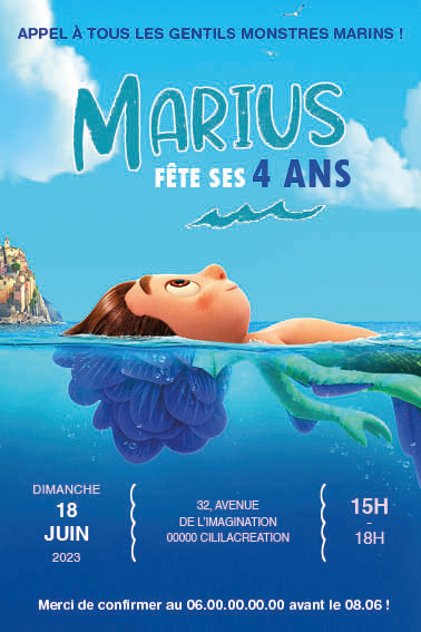 Invitation d’anniversaire inspiration Luca : enfant flottant sur la mer bleue, ambiance Riviera italienne ; grand texte “Marius fête ses 4 ans”, date, horaires, adresse et RSVP.