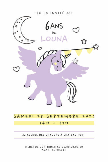Invitation d’anniversaire licorne : licorne lavande avec corne dorée, ailes et guirlande d’étoiles sous une lune ; texte “6 ans de Louna – samedi 28 septembre 2023, 14 h–17 h”, adresse et RSVP.