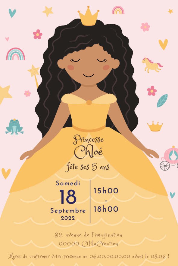 Invitation d’anniversaire princesse : bannière “Il était une fois”, couronne, cœurs pastel et château rose ; texte “Chloé – samedi 18 septembre – 15 h–18 h”, adresse et RSVP.