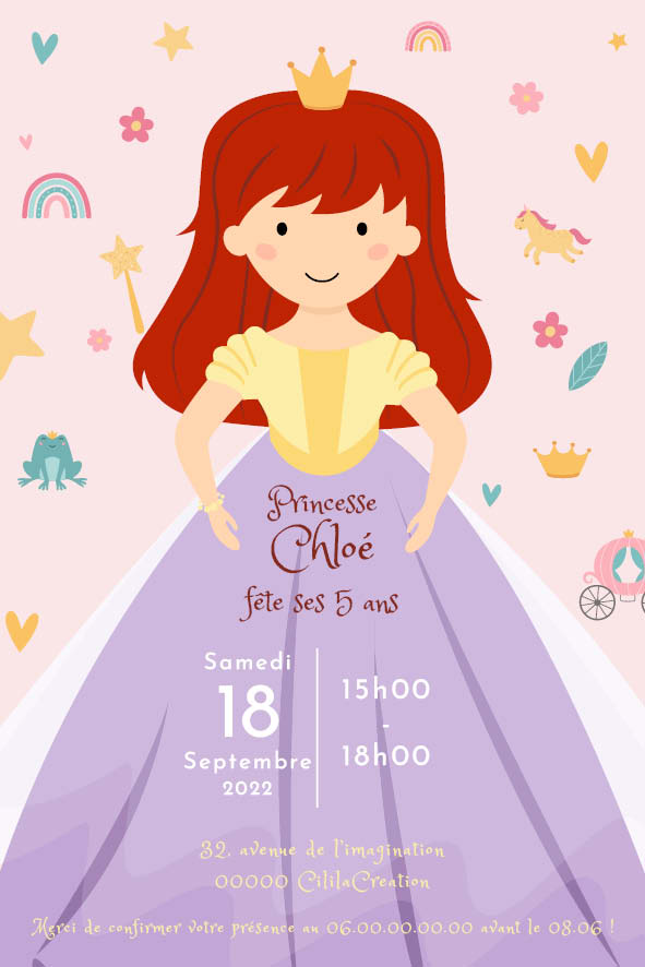 Invitation anniversaire personnalisée numérique - Princesse rousse
