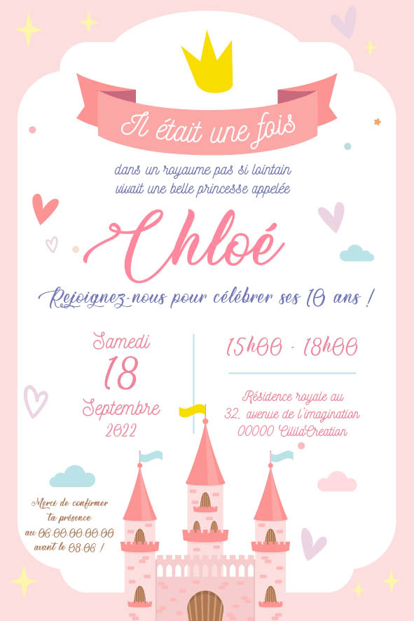 Image de l'invitation anniversaire personnalisée princesse avec château rose, couronne dorée, nuages et cœurs pastel, ambiance féérique et enfantine.