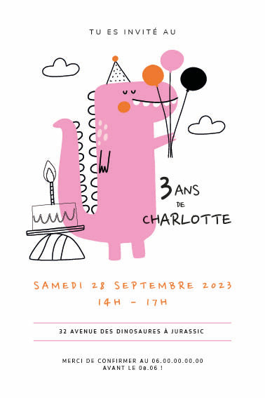 Invitation d’anniversaire dino : grand dinosaure rose avec chapeau pointu tenant des ballons, gâteau d’anniversaire, nuages dessinés ; texte “3 ans de Charlotte – samedi 28 septembre 2023, 14 h–17 h”, adresse et RSVP.