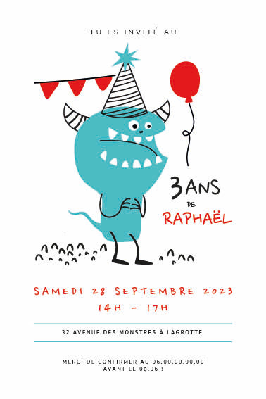 Image de l'invitation anniversaire personnalisée recto simple Monstre de Fête, monstre bleu avec cornes, ballon rouge et chapeau, pour une fête drôle et festive.