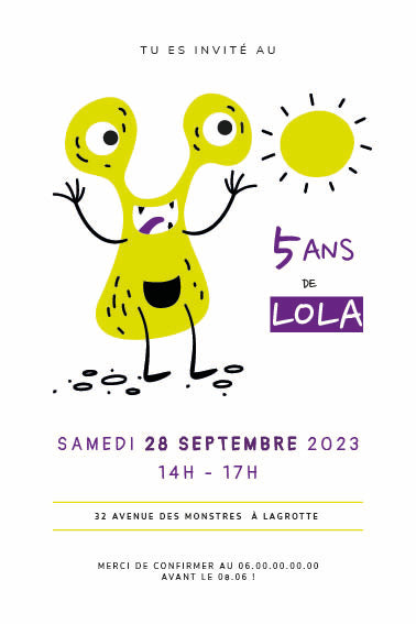 Image de l'invitation anniversaire personnalisée recto simple Petit Monstre Rigolo, monstre jaune à deux yeux amusants, pour une fête drôle et originale.