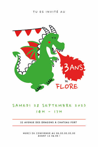 Image de l'invitation anniversaire personnalisée avec un dragon vert qui souffle du feu, style enfantin et coloré, pour une fête joyeuse et festive.
