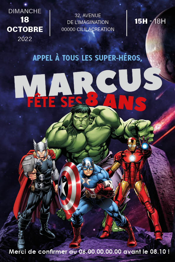 Invitation d’anniversaire inspiration Avengers/Marvel : Hulk, Iron Man, Captain America et Thor devant un fond spatial ; grand texte “Marcus fête ses 8 ans”, avec date, horaires, adresse et RSVP