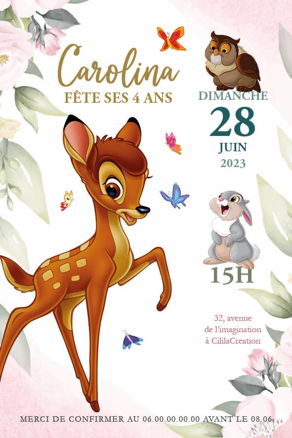 Image de l'invitation anniversaire personnalisée Bambi avec Bambi, Panpan et Maître Hibou, décor floral pastel avec papillons et feuillages.